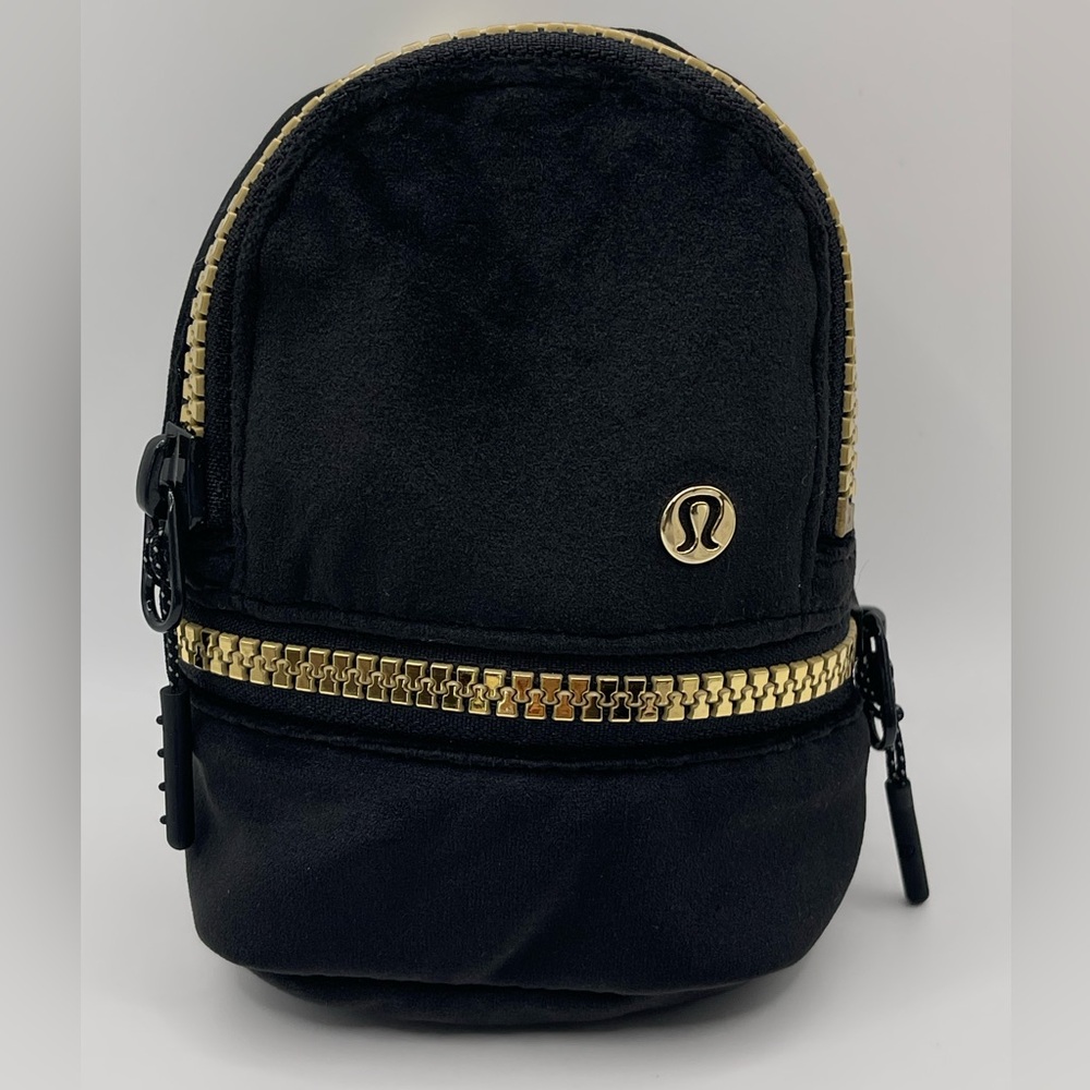 Lululemon Black Velour Nano Backpack Bag Charm with Golden accents